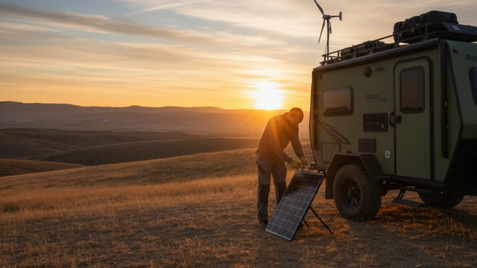 Person adjusting a solar panel at sunrise beside a small cabin, soft golden light and calm atmosphere.
