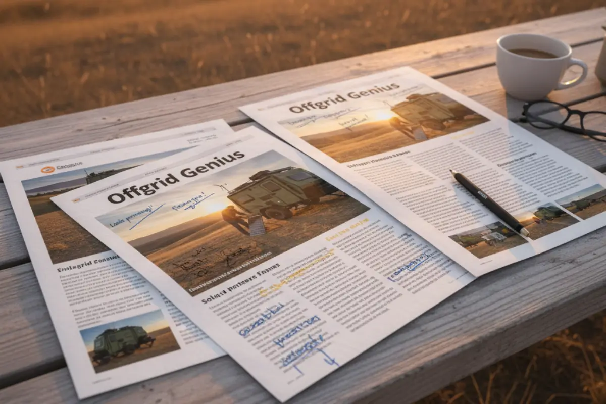 Flat-lay of printed Offgrid Genius newsletter pages with highlighted sections and margin notes.